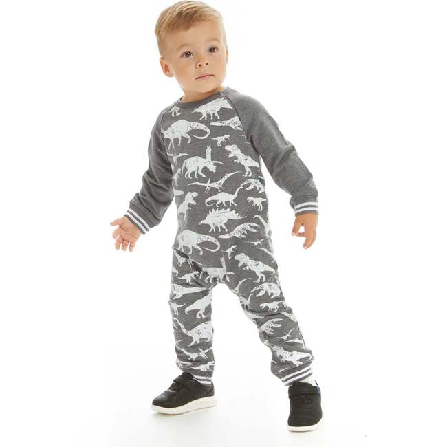 Distressed Dino Crewneck Romper, Grey - Rompers - 2