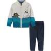 Dino Landscape Intarsia Sweater Zip-Up Set, Blue & Green - Mixed Apparel Set - 1 - thumbnail