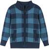 Buffalo Check Intarsia Sweater Zip-Up, Navy - Sweaters - 1 - thumbnail