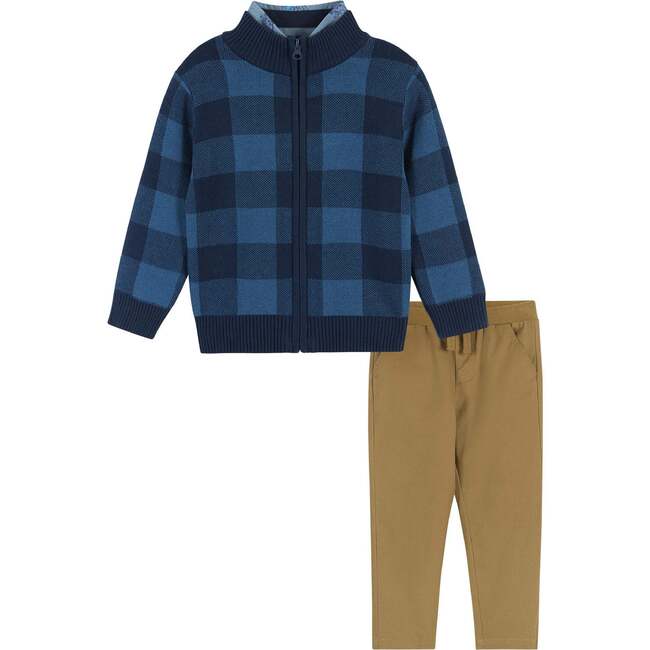 Buffalo Check Intarsia Sweater Zip-Up Set, Blue