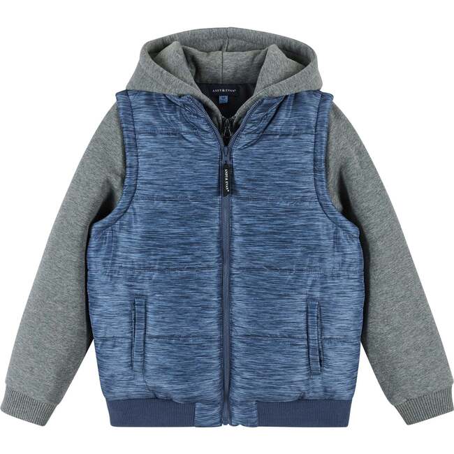 Boys Blue & Grey Textured Hoodie Vest Combo Jacket