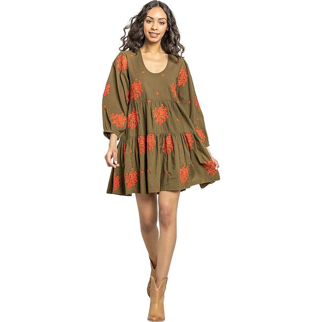 Womens Michelle Dress, Dark Olive W/ Embroidery