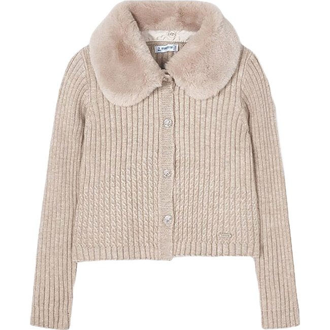 Faux Fur Collared Cardigan, Beige - Cardigans - 1