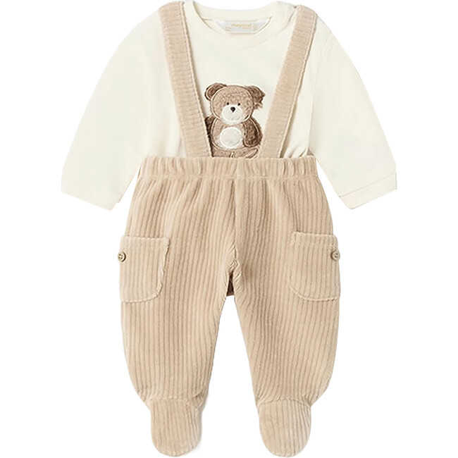 Bear Graphic Overalls Outfit, Beige