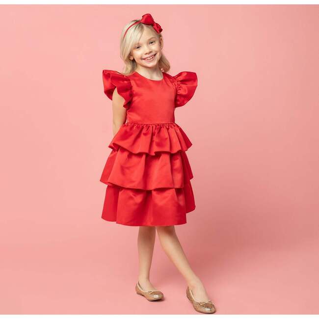 Scarlett Satin Frill Party Dress, Red - Dresses - 2