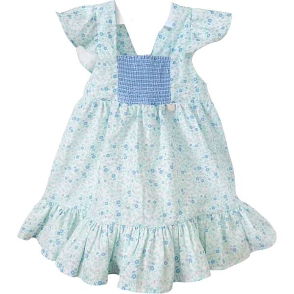 Blue Floral Smocked Dress, Blue - Kafka Baby Dresses