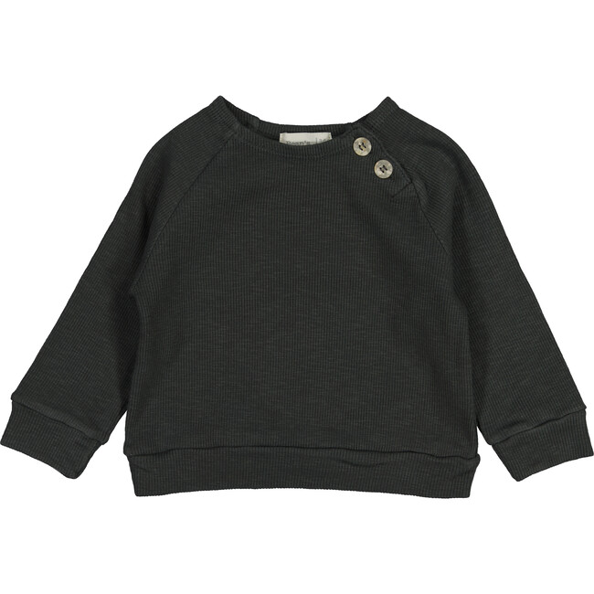 Ribbed Long Sleeve Tee Shirt with Button Detail, Charcoal