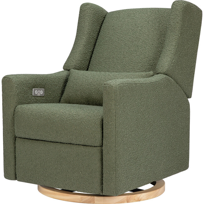 Kiwi Electronic Recliner & Swivel Glider With Usb Port, Olive Boucle With Light Wood Base