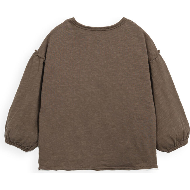 Long Sleeve Tee Shirt, Balloon Sleeves, Brown - T-Shirts - 2