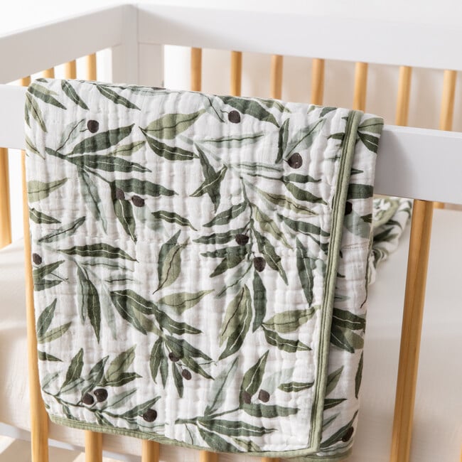 Organic Muslin Cotton 3-Layer Quilt, Olive Branches - Quilts - 9