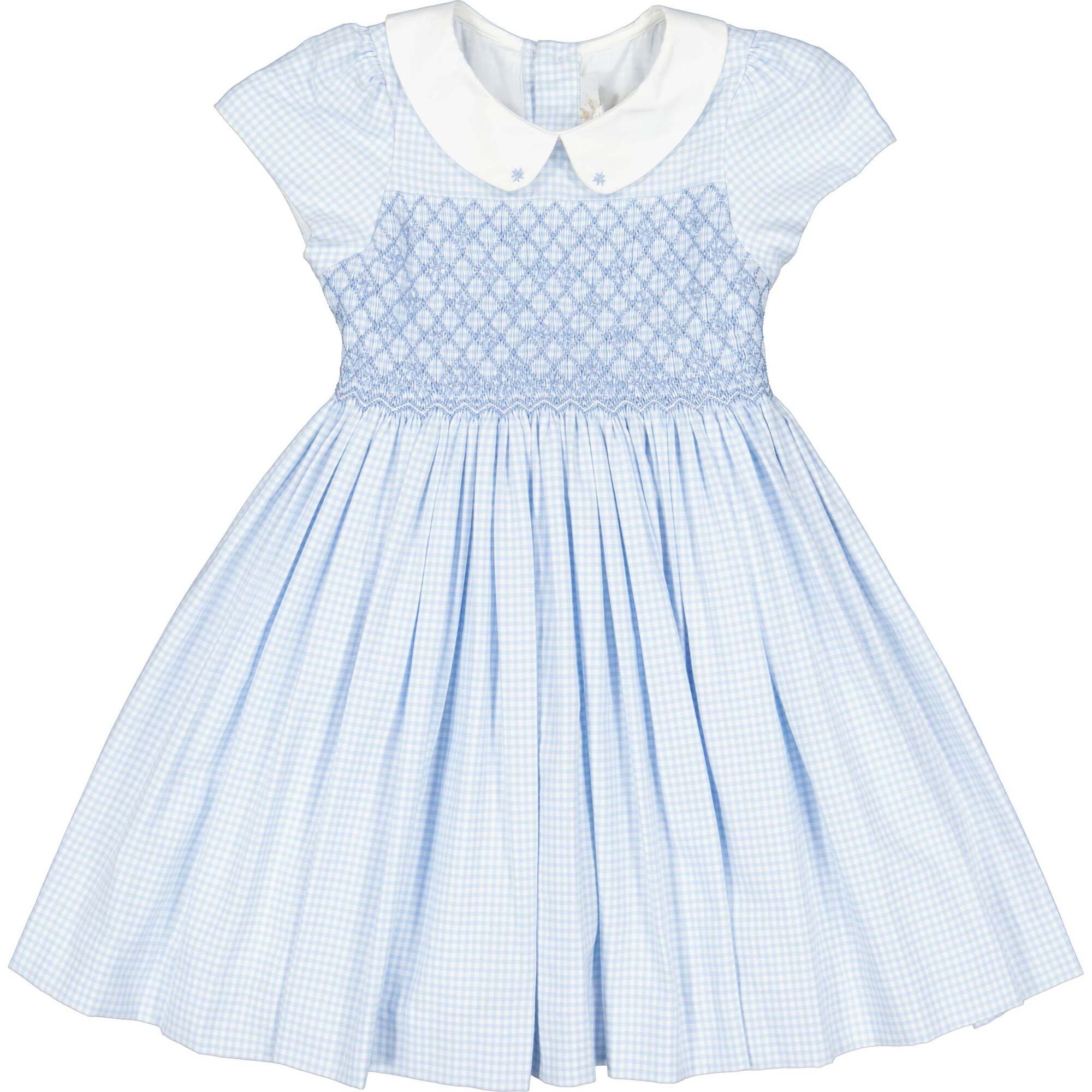 Ready-to-ship 1-2yrs Camille Dress . Girls seersucker dress with broderie anglaise collar on sale . Embroidered collar mid-season dress