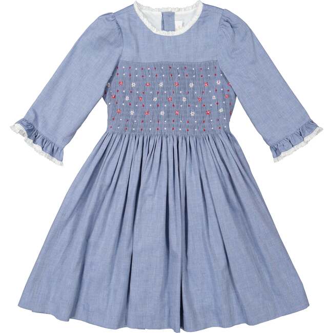 Anastasia Flannel Long Sleeve Smocked Dress, Blue