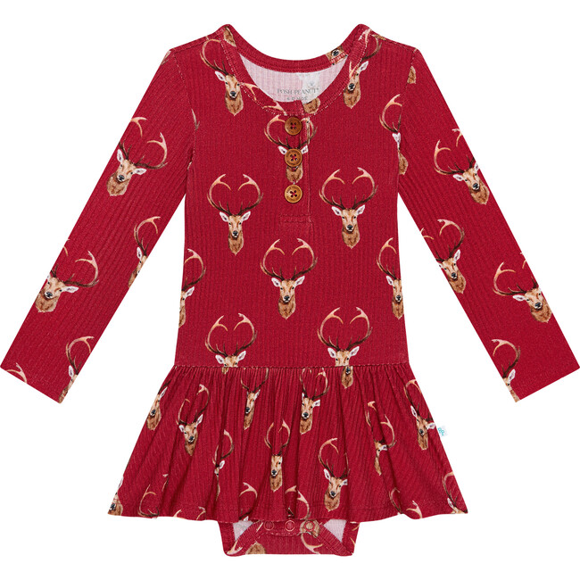 Dash Long Sleeve Henley Twirl Skirt Bodysuit, Red - Dresses - 1