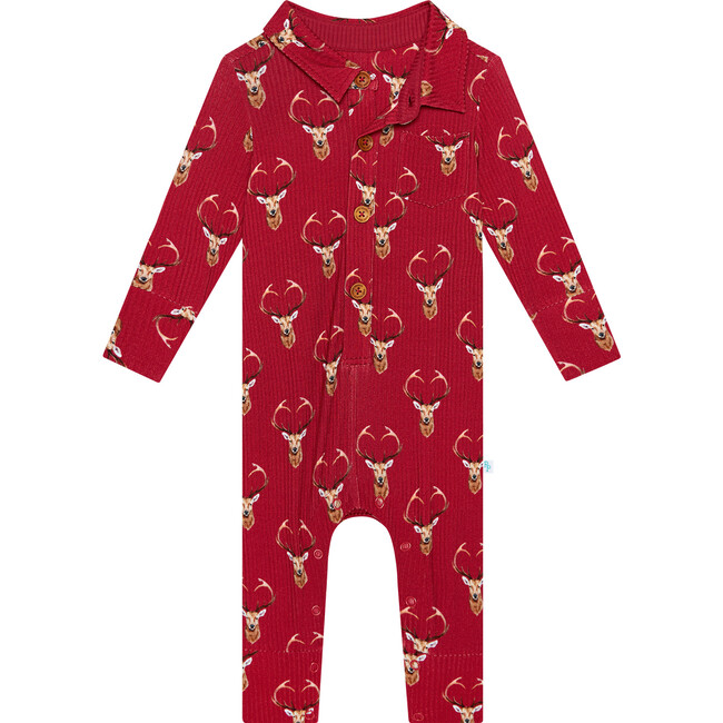 Dash Long Sleeve Collared Henley Long Romper, Red - Rompers - 2