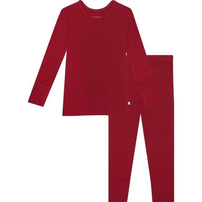 Dark Red Rib Long Sleeve Basic Pajama, Red
