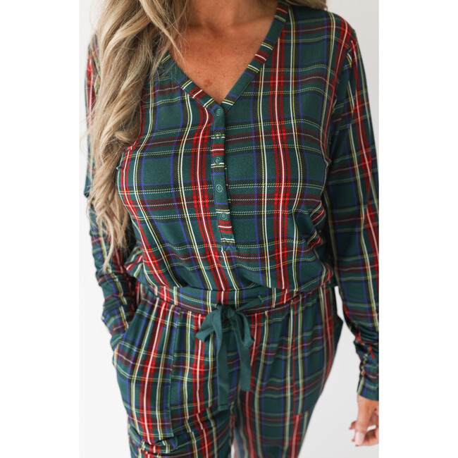 Tartan Plaid Women Long Sleeve Pajama Set, Green - Pajamas - 2