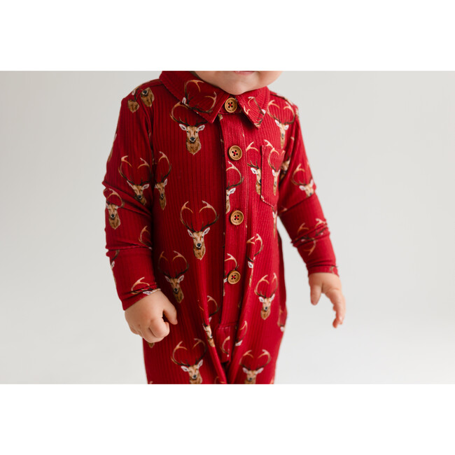 Dash Long Sleeve Collared Henley Long Romper, Red - Rompers - 4