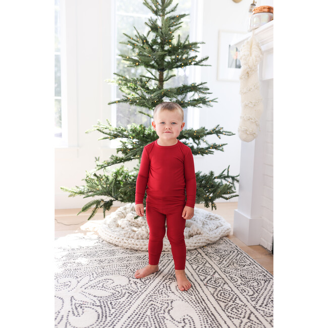 Dark Red Rib Long Sleeve Basic Pajama, Red - Pajamas - 2