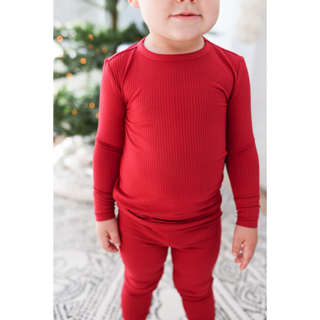 Dark Red Rib Long Sleeve Basic Pajama, Red - Pajamas - 3