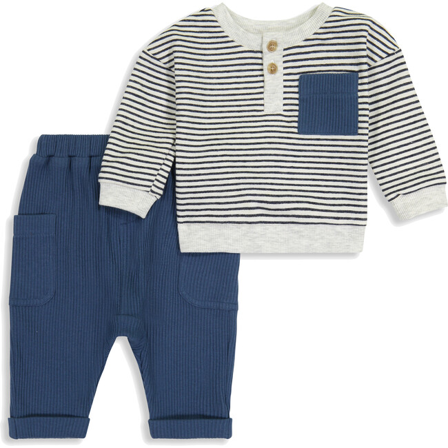 French Terry Crew Neck Top & Pant Set, Blue