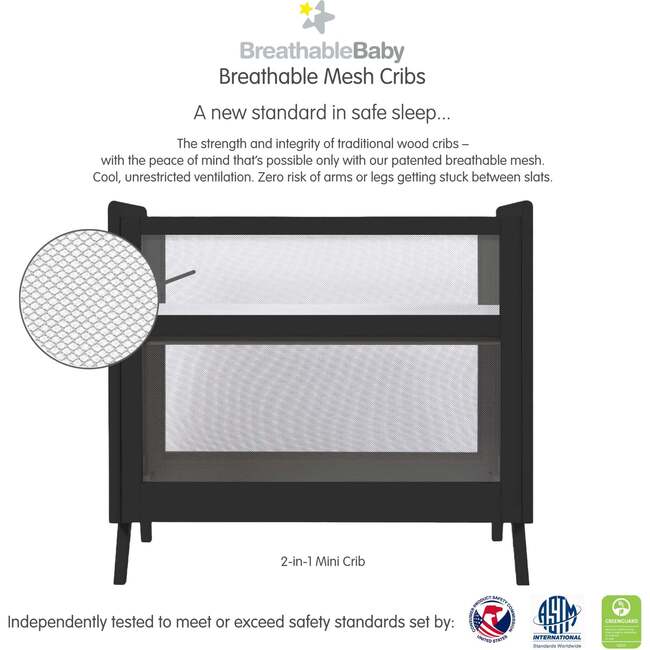 Breathable Mesh 2-in-1 Mini Crib with Mattress, Black - Cribs - 2