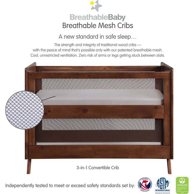 Breathable Mesh 3-in-1 Convertible Crib, Walnut - Cribs - 3
