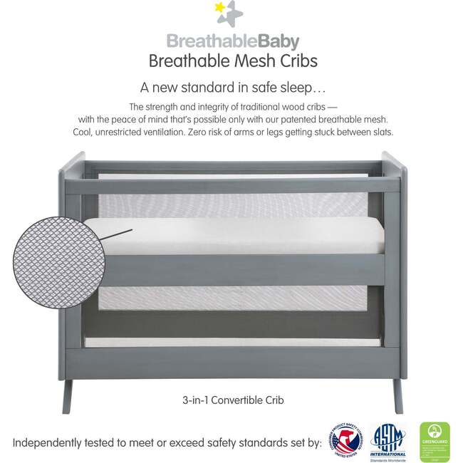 Breathable Mesh 3-in-1 Convertible Crib, Gray - Cribs - 3