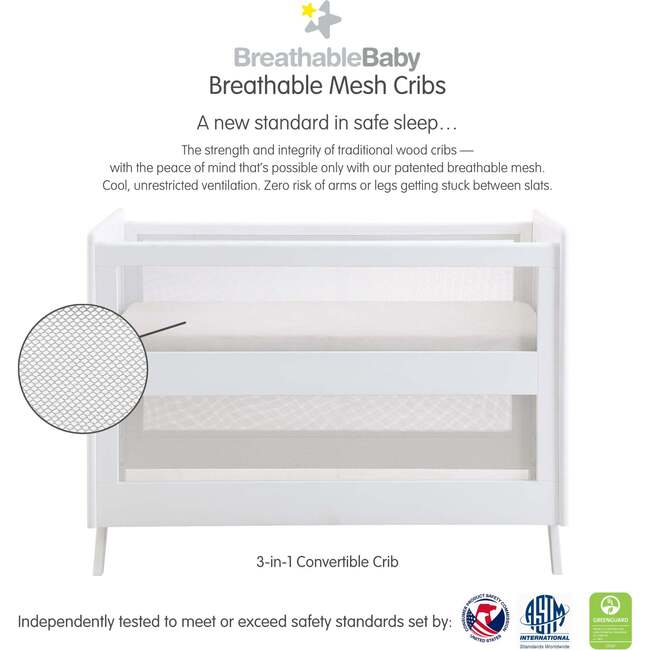 Breathable Mesh 3-in-1 Convertible Crib, White - Cribs - 3