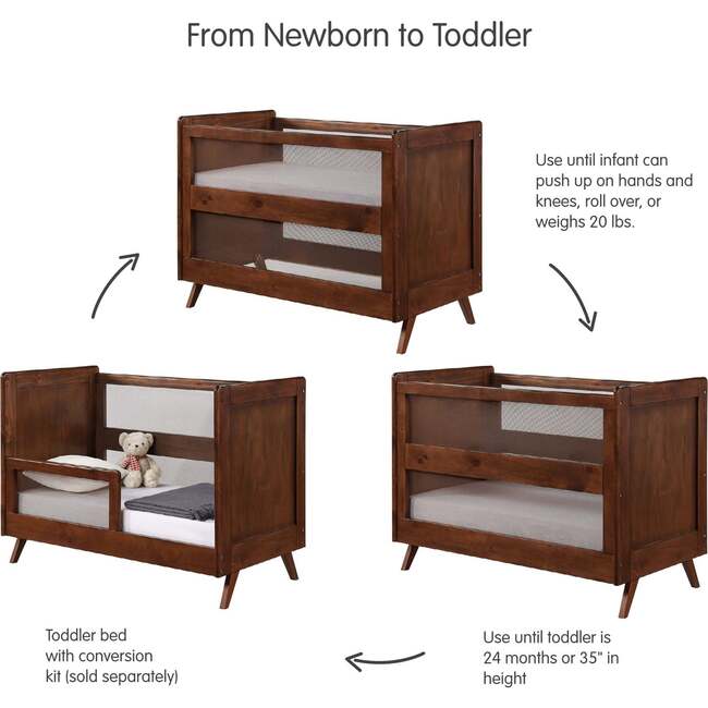 Breathable Mesh 3-in-1 Convertible Crib, Walnut - Cribs - 5