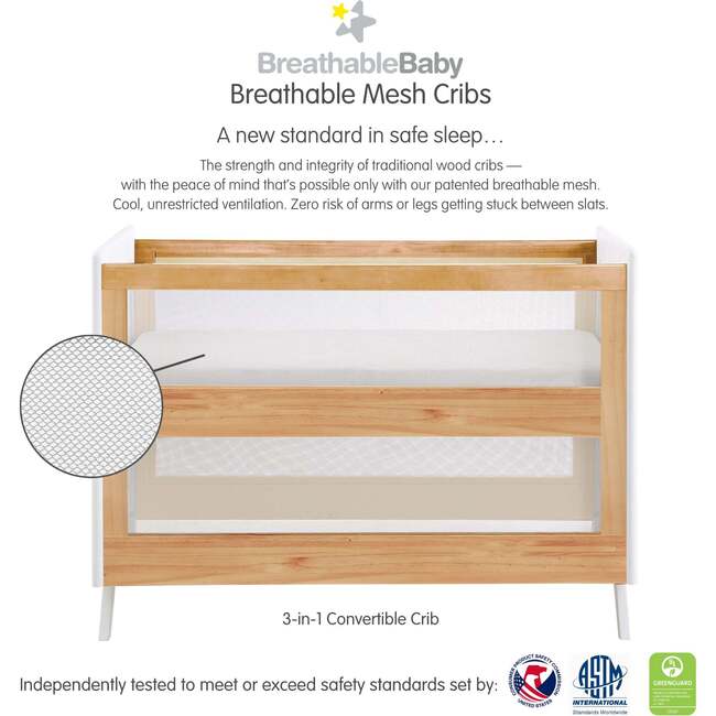 Breathable Mesh 3-in-1 Convertible Crib, Beech & White - Cribs - 3