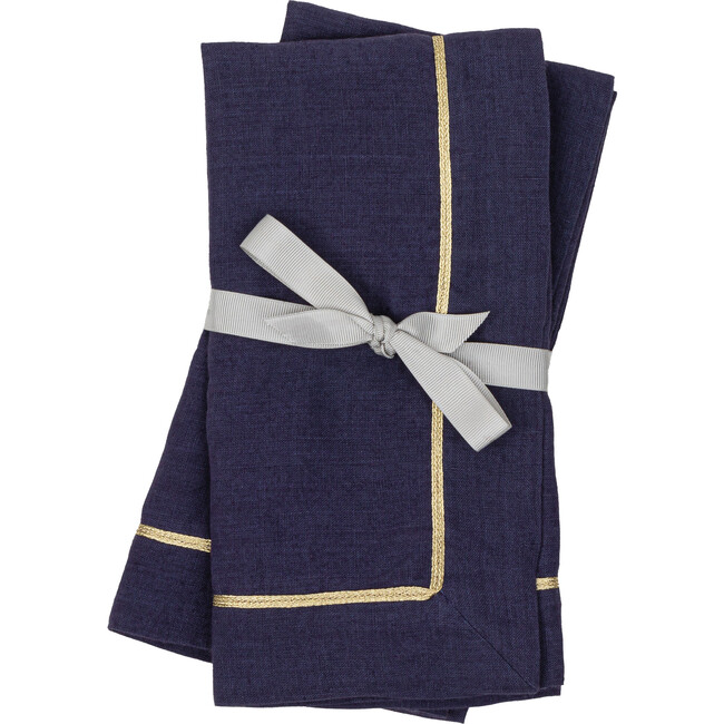 Gold Trim Linen Dinner Napkins, Navy, Set Of Two - Tabletop - 1