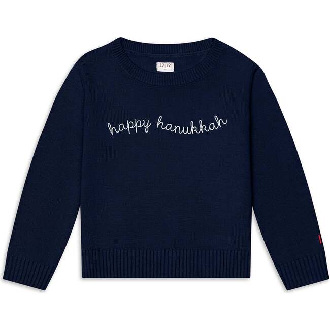 The Organic Embroidered Crew Neck Sweater, Navy Happy Hanukkah