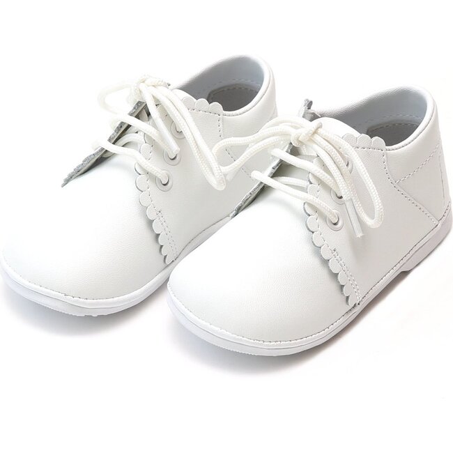 Lacey Scalloped Leather Lace Up Baby Shoe, White - Booties - 1