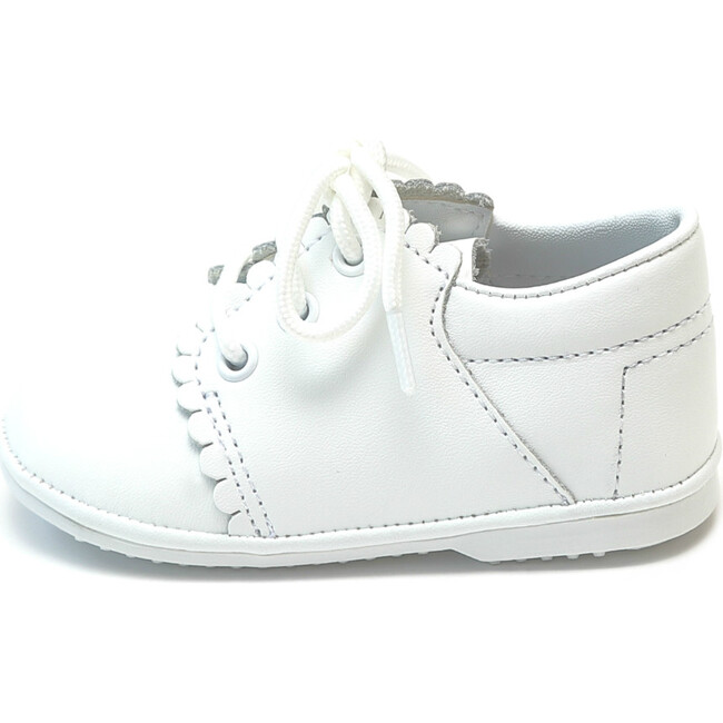 Lacey Scalloped Leather Lace Up Baby Shoe, White - Booties - 2
