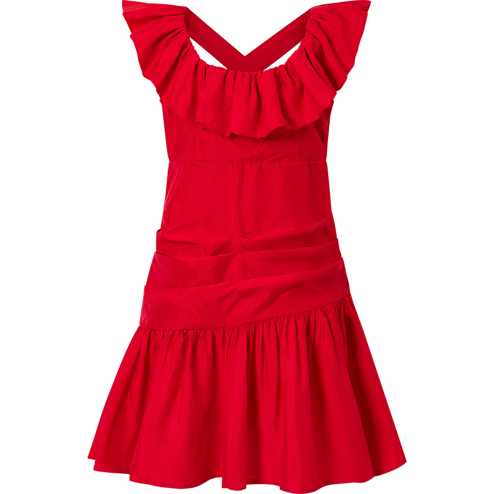 Nutcracker Ruffled Neck Open Back Dress, Red - Dresses - 1
