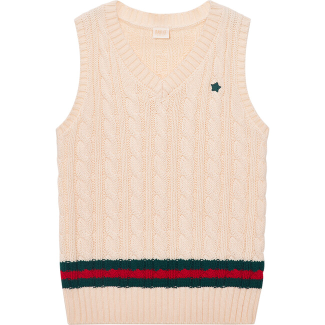 Holiday Knitted Striped Hem Vest, Creme