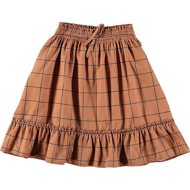Grid Ruffle Hem Long Skirt, Brown