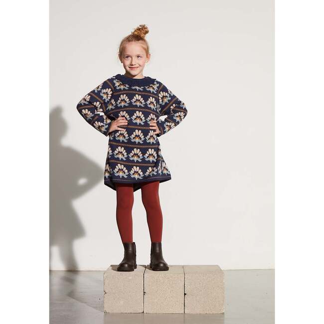 Knitted Sunflowers Long Sleeve Dress, Blue - Dresses - 2