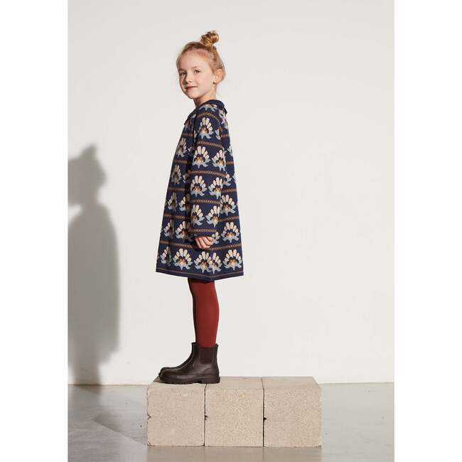 Knitted Sunflowers Long Sleeve Dress, Blue - Dresses - 3