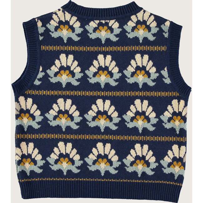 Knitted Sunflowers Ribbed Neck Vest, Blue - Vests - 2