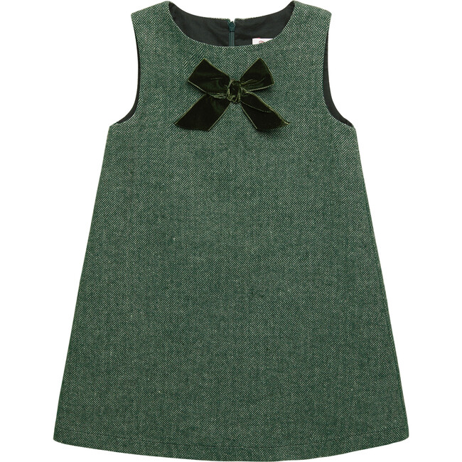 Georgina Bow Dress, Green Herringbone