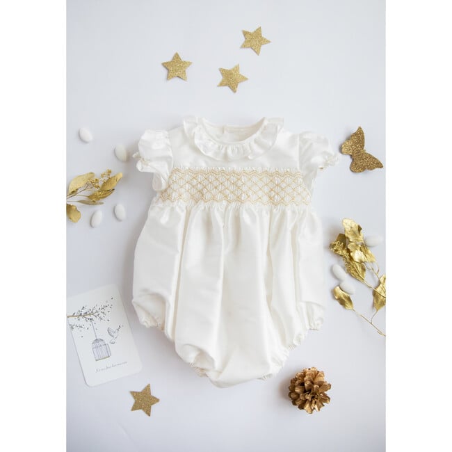 Colombe Silk Ceremony Smocked Bubble, Gold - Rompers - 2