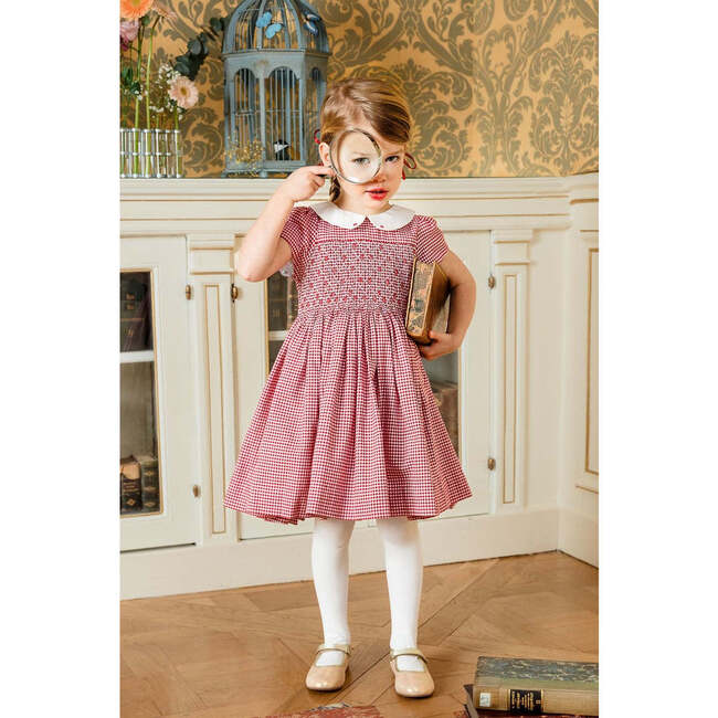 Camille Gingham Flannel Smocked Dress, Red - Dresses - 2