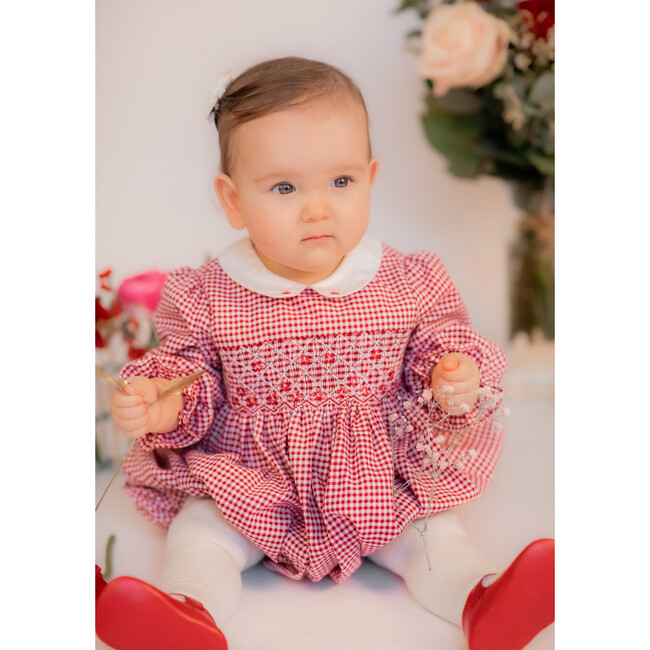 Camille Gingham Flannel Smocked Bubble, Red - Rompers - 2