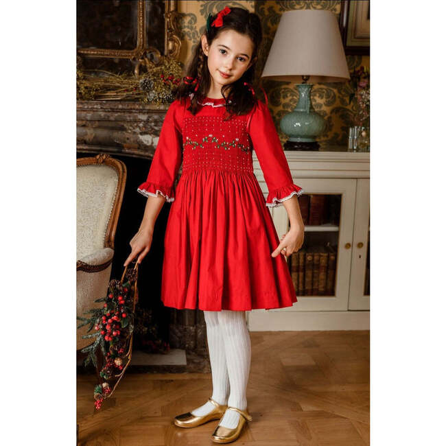 Margaret Christmas Long Sleeve Smocked Dress, Red - Dresses - 2