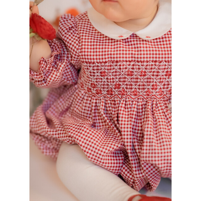 Camille Gingham Flannel Smocked Bubble, Red - Rompers - 4