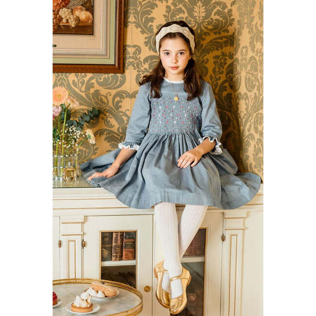 Anastasia Flannel Long Sleeve Smocked Dress, Blue - Dresses - 2