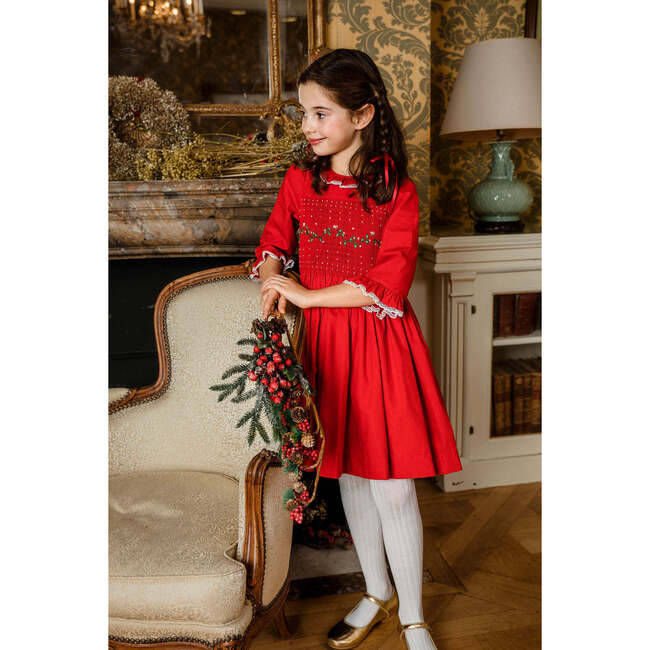 Margaret Christmas Long Sleeve Smocked Dress, Red - Dresses - 5