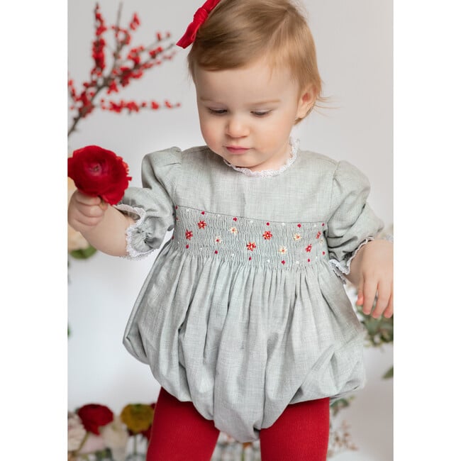 Anastasia Flannel Long Sleeve Smocked Bubble, Grey - Rompers - 2