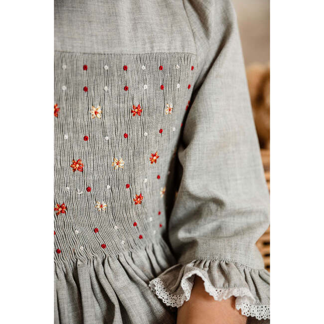 Anastasia Flannel Long Sleeve Smocked Dress, Grey - Dresses - 4